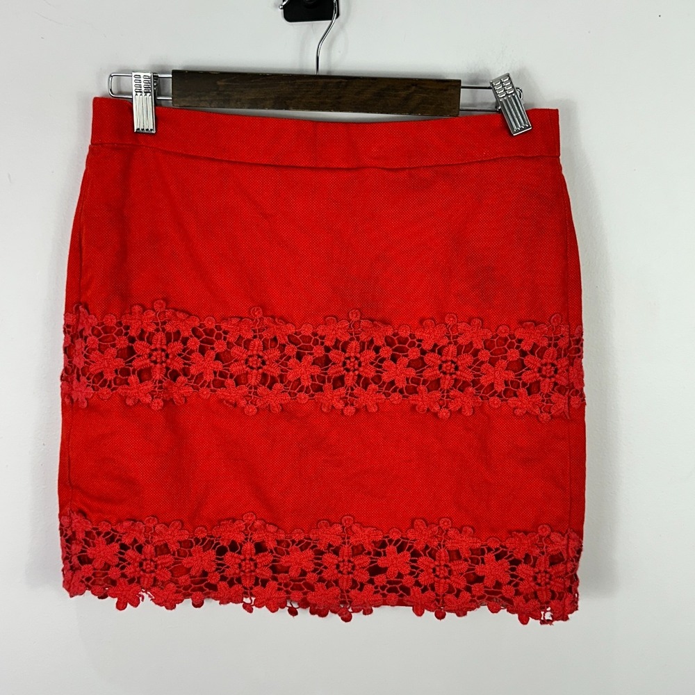 J.Crew Mini‎ Skirt Womens 2 Red Lace Trim Floral Cotton A-Line Boho Summer